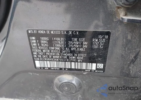 2019 Honda Hr-V Touring z USA, uszkodzony, nr VIN 3CZRU6H93KM700378